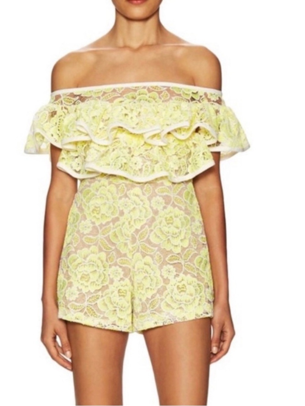 Alexis Off-Shoulder Lace Ruffle Romper in Pale Yellow